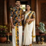 🔥ONAM EXCLUSIVE 🔥  COUPLE COMBO (Shirt+Dhoti+Saree+Blouse) SunFlower