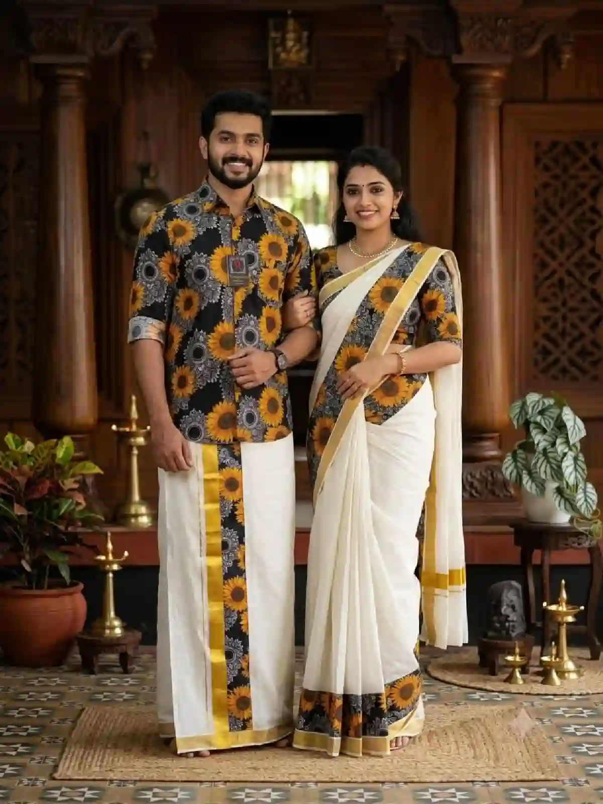 New Project (29) 🔥ONAM EXCLUSIVE 🔥 COUPLE COMBO (Shirt+Dhoti+Saree+Blouse) SunFlower - Image 1