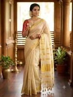 Elegant Tissue Mul Cotton Saree with Running Blouse | Soft Lightweight Traditional Saree | Golden Zari Border - Image 2