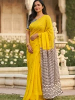 💛 Sunflower Grace Linen Cotton Saree with Sequins Work Pallu