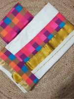 ❤️*Kerala Kasavu Cotton Saree with Multicolour Checks Border & Blouse*❤️(Madras Check) - Image 2