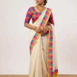 ❤️*Kerala Kasavu Cotton Saree with Multicolour Checks Border & Blouse*❤️(Madras Check)