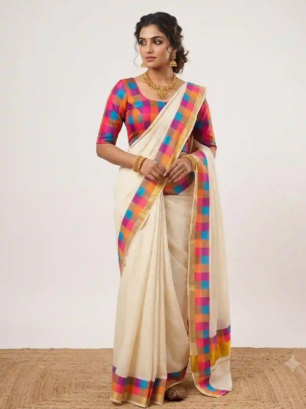 cotton saree madras check model ❤️*Kerala Kasavu Cotton Saree with Multicolour Checks Border & Blouse*❤️(Madras Check) - Image 1