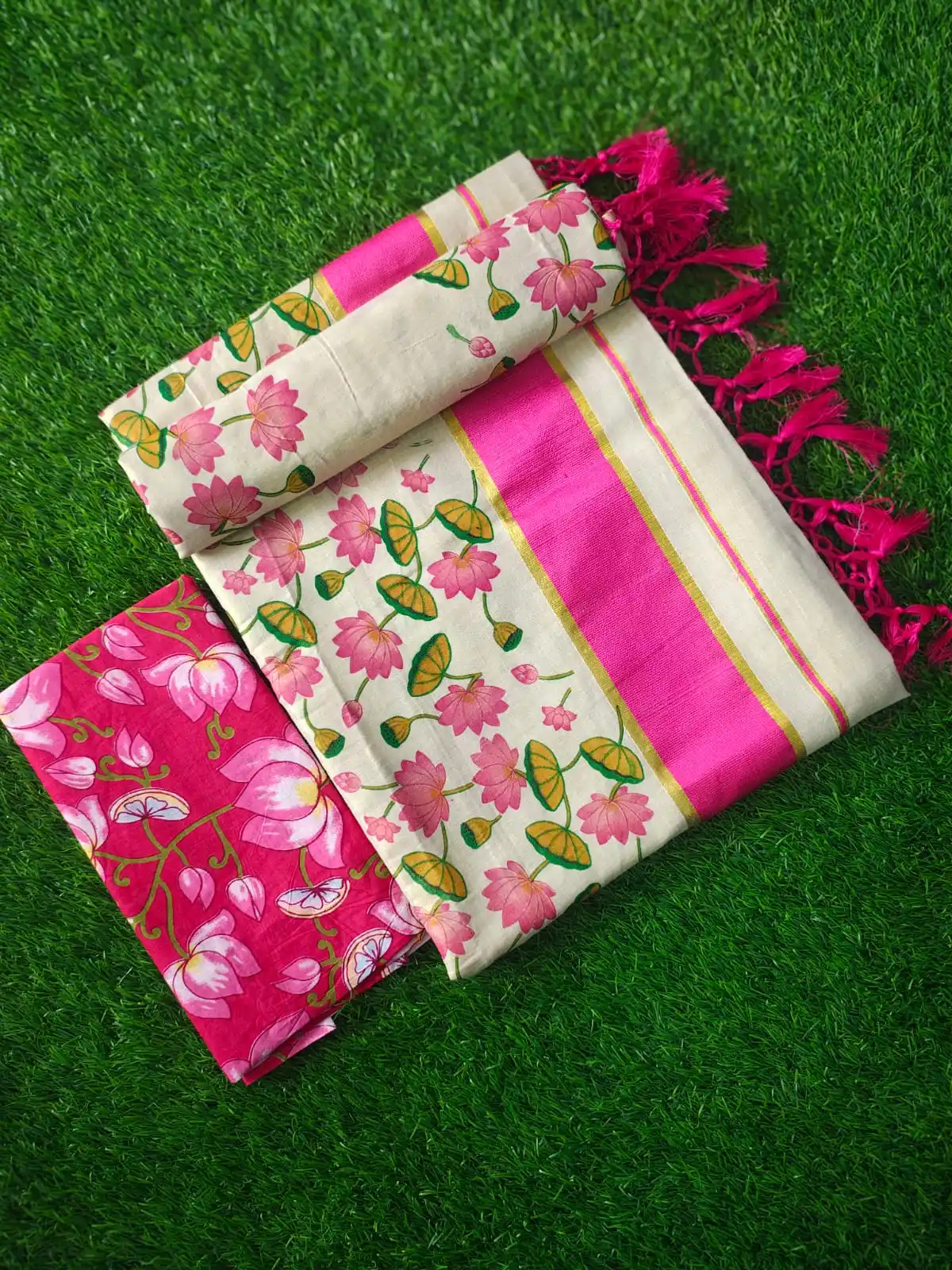 lotus tissue saree with blouse pink Kerala Style Tissue Saree with Beautiful Lotus Print | Premium Festive Wear Saree - Image 1