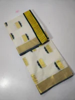 ❤️*Handloom Replica Kasavu Saree with Golden Lotus Butta & Green Kara Border*❤️ - Image 3